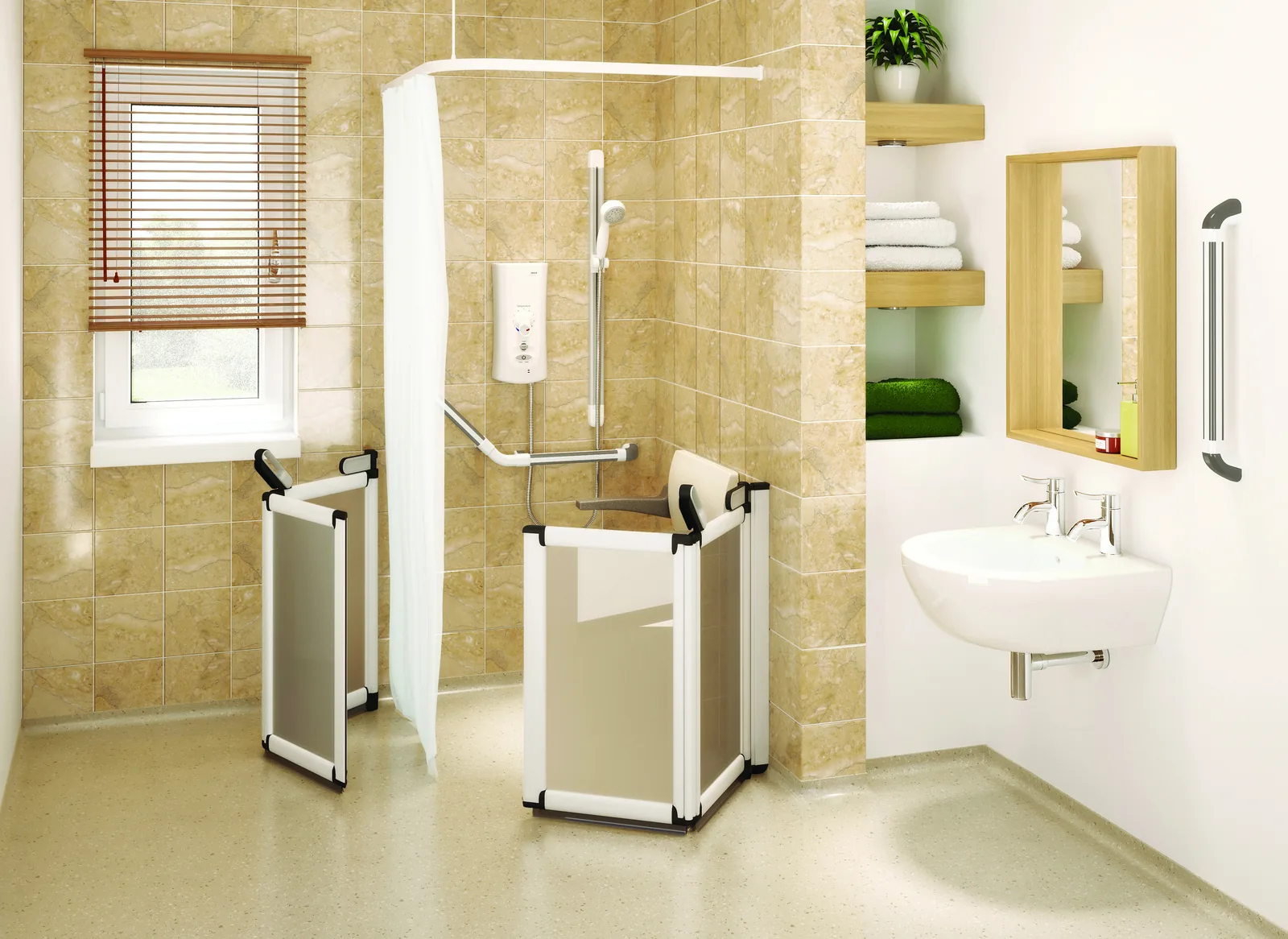 Waist-high white shower doors enclosing a level-access shower area, with a fold-down seat and grab rail inside