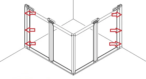 Isometric line drawing of a half-height door set turning a corner across two walls, with arrows marking the fixing points on both wall channels