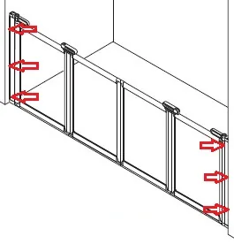 Isometric line drawing of a half-height door run along a single straight wall, with arrows marking the six fixing points on the two wall channels