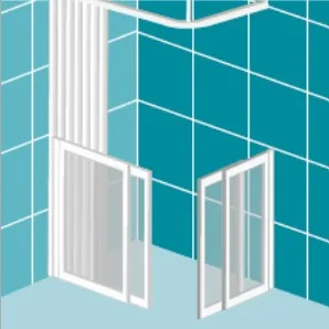 Option 1: half-height doors on two walls meeting at a corner, with a shower curtain above