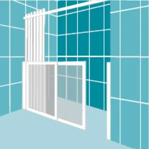 Option 2: a straight run with a fixed panel and a single door, curtain above, and a post at the open end