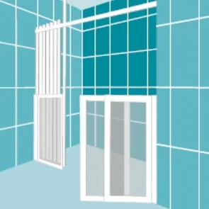 Option 3: a straight run with a two-panel folding door set beside the wall, curtain above