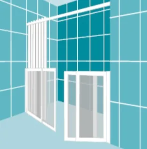 Option 4: a straight run with a fixed panel, then a two-panel door, curtain above and a post at the open end