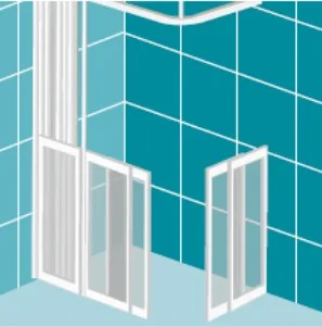Option 6: a corner layout with a panel on the back wall and a folding door on the return, curtain above