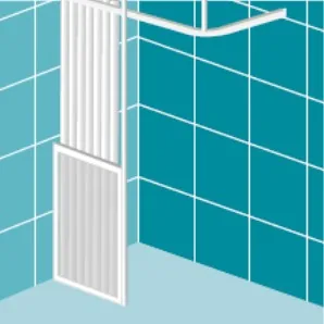 Option C: a single fixed half-height panel against one wall with a shower curtain above, no door