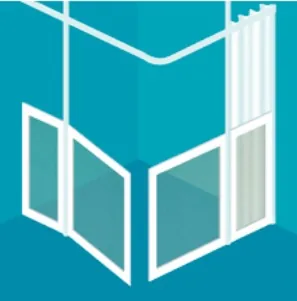 Option F: two fixed half-height panels meeting at a corner with a curtain on the return