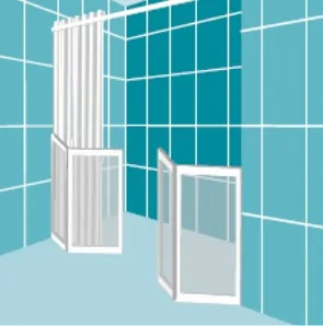 Option G: a fixed panel and a single wide door opening outwards, curtain above
