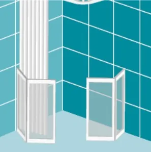 Option H: a fixed panel and a single door with an open gap between them, curtain above