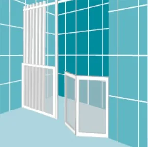Option M: a fixed panel, a door, and a return panel turning into the corner, curtain above