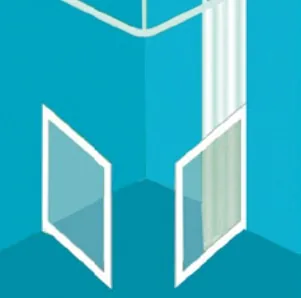 Option P: a door on each of two walls meeting at the corner, curtain above