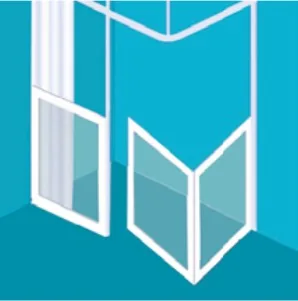 Option R: a fixed panel on one wall with a folding door pair turning the corner