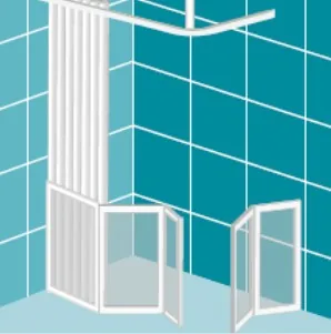 Option V: a fixed panel with a folding door, plus a second separate door, curtain above