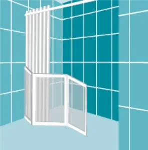 Option W: a fixed panel with a single door opening outwards, curtain above