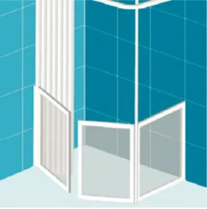 Option X: a fixed panel on one wall with a two-panel door set turning into the corner