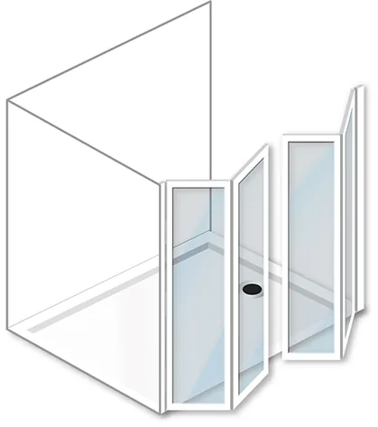 Isometric drawing of a PROCare MOD 1 half-height door set: a fixed panel and a hinged door enclosing two sides of a shower tray