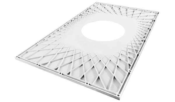 The underside of a rectangular level-access floor former, showing the moulded rib structure and the circular drain aperture in the centre