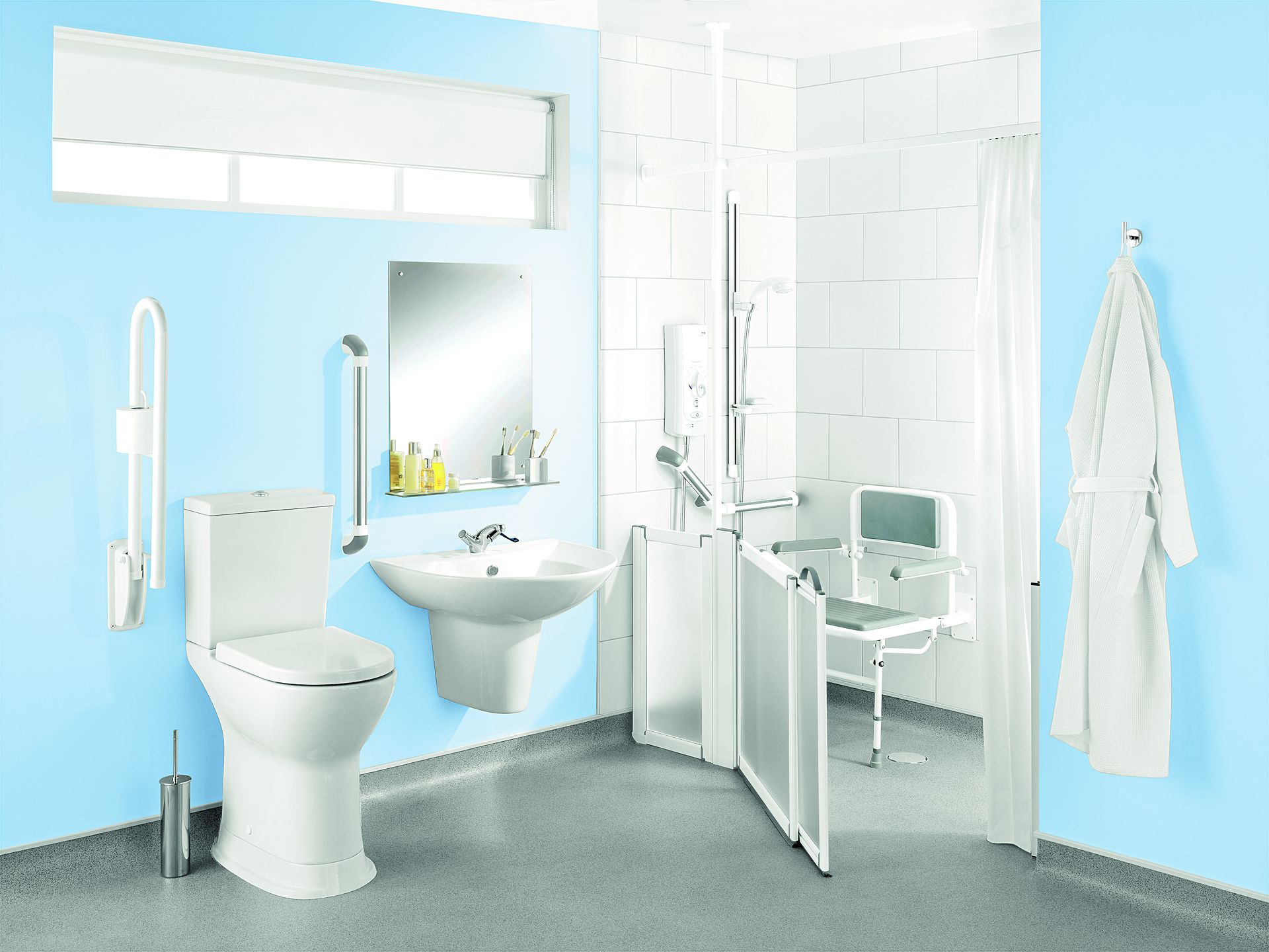 An adapted bathroom with a step-free, level-access shower area