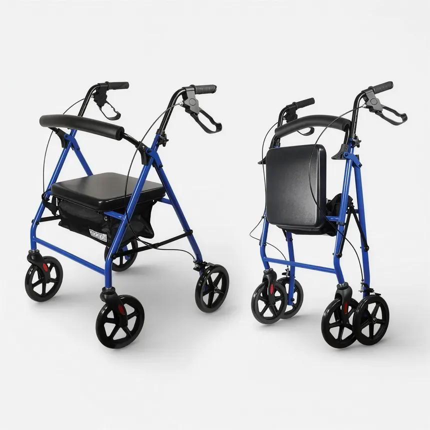 A four-wheeled rollator with a padded seat, loop brakes and under-seat bag, shown from the front and the rear