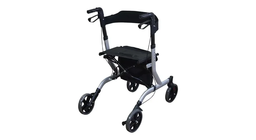 Four-wheeled rollator with a grey aluminium frame, padded seat, backrest strap and under-seat basket